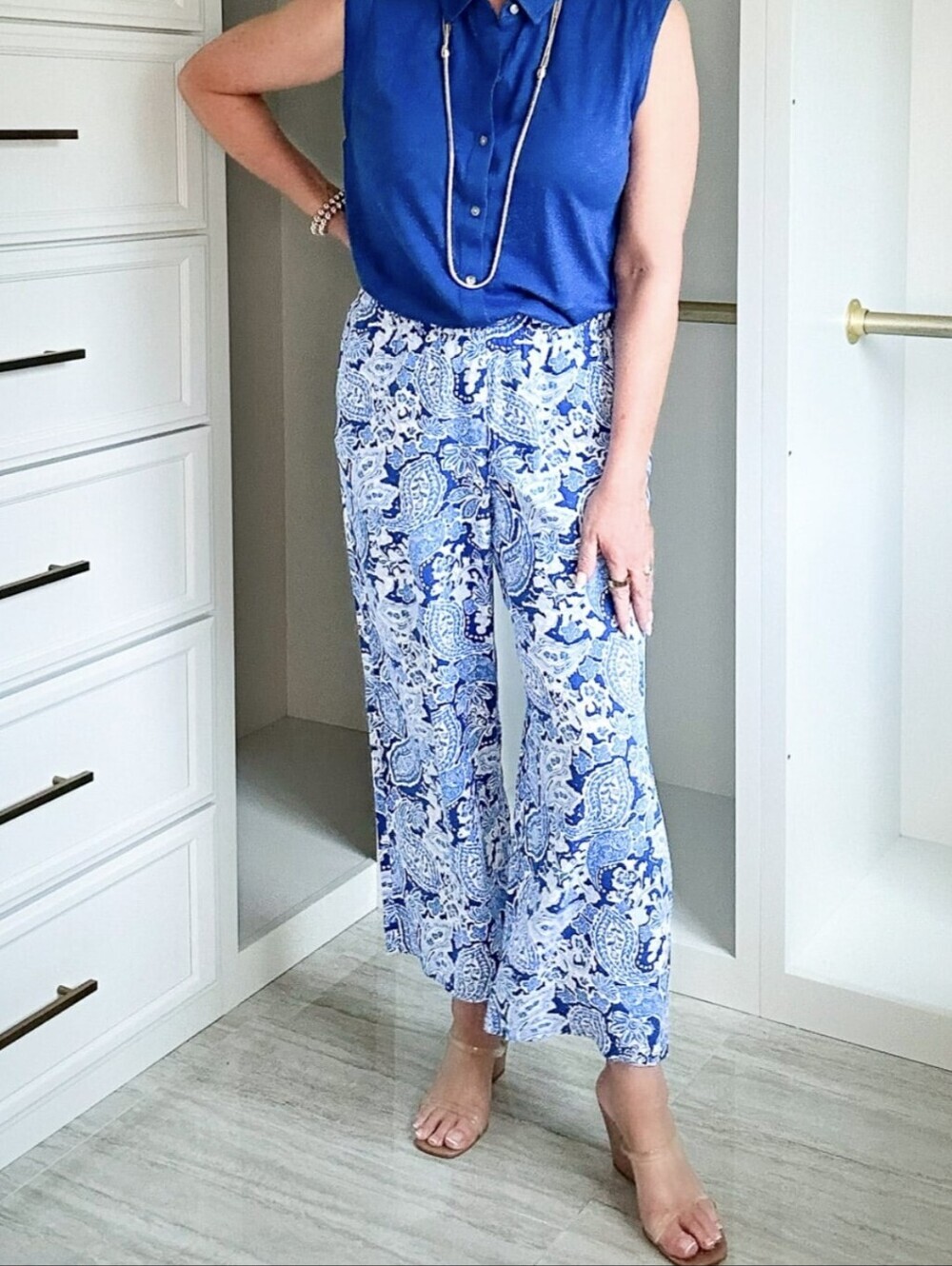J. Jill Cropped Pant Sz M Blue Paisley Wide Leg Pockets Boho Flowy Bright Summer